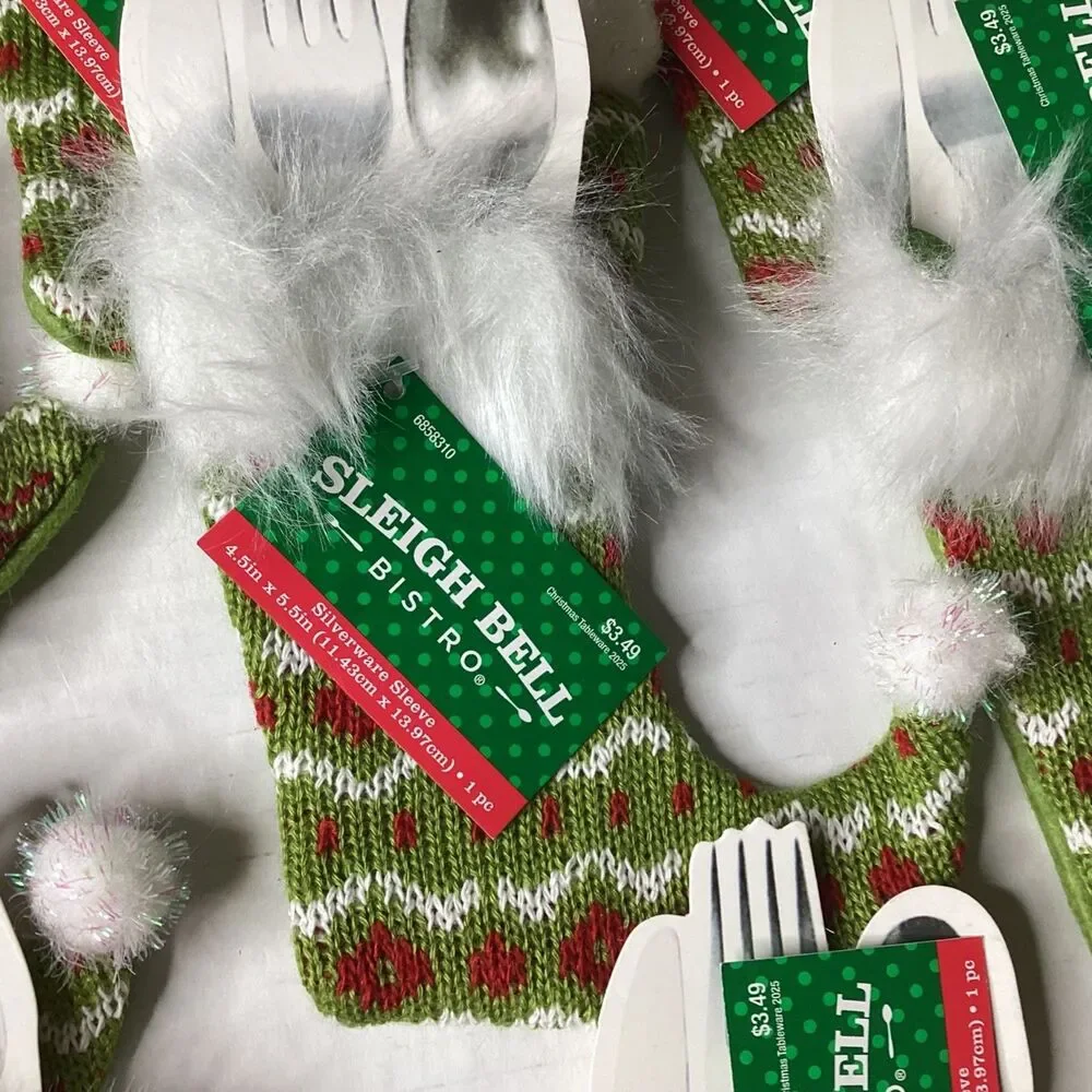 Sleigh Bell Bistro Christmas Knit Silverware Holder Stockings Set of 10 New